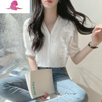 艳如飞夏季女装V领小众设计感后背蝴蝶结蕾丝拼接T恤短袖衬衫上衣服小衫T恤