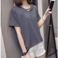 艳如飞胖妹妹200斤加肥大码女装夏季亮闪闪V领短袖T恤显瘦洋气遮肚打底T恤