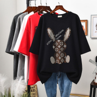 艳如飞特大码女装200斤半袖夏季新款胖mm宽松烫钻兔子T恤女短袖大版上衣T恤