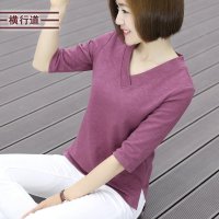 艳如飞棉七分袖上衣女打底衫胖mm白色中袖t恤女竹节棉宽松V领大码体恤T恤