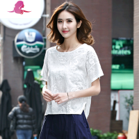 艳如飞刺绣棉麻短袖T恤女装夏季宽松大码半袖上衣百搭文艺亚麻白色体恤T恤
