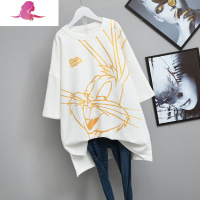艳如飞大码宽松磨毛半袖打底衫女秋冬港风烫金卡通兔子加厚内搭短袖T恤T恤