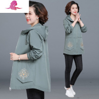 艳如飞时髦中年妈妈春装中长款连帽风衣外套女中老年大码绣花气质上衣女妈妈装