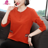 艳如飞中年女士春秋30-40岁妈妈装棉汗衫宽松棉长袖上衣服T恤打底衫妈妈装