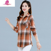 艳如飞棉格子长袖衬衫女中年妈妈新款宽松休闲加绒上衣棉春秋衬衣女妈妈装