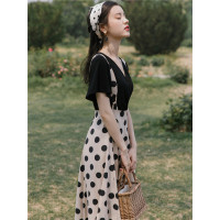 艳如飞夏季套装女黑色上衣配波点背带裙可盐可甜两件套小个子洋气减龄套装
