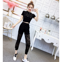 艳如飞名媛气质套装时尚重工钉珠上衣女范性感蕾丝裤洋气甜美两件套潮套装