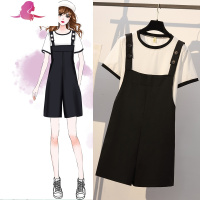 艳如飞微胖mm洋气遮肚子背带裤两件套装大码200斤遮胯大腿粗雪纺短裤女套装