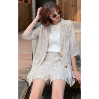 艳如飞情侣装夏装小众设计感气质格子小西服薄款垂感西装短袖两件套装女套装