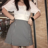 艳如飞大码套装女方领短款泡泡袖上衣格子半身裙胖mm娃娃衫设计感衬衣夏套装