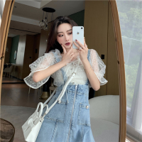 艳如飞半身裙套装两件套女2020夏季新款法式波点网纱上衣高腰牛仔背带裙套装