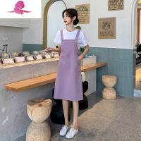 艳如飞小清新牛仔背带裙女中长款夏chic学生小个子宽松减龄两件套装裙子套装