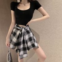 艳如飞假两件半身裙子网红显瘦短T不规则设计感格纹裙裤两件套套装女夏套装