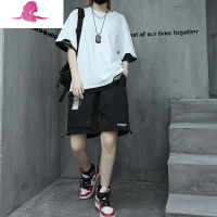 艳如飞多福猫潮牌酷酷风格女装帅气嘻哈短袖短裤两件套中性T恤衣服套装套装