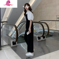 艳如飞小个子夏装搭配显高阔腿裤背带裤职业两件套装洋气时尚潮牌减龄女套装