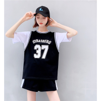 艳如飞夏季新款运动套装女学生背心拼T恤假两件上衣短裤篮球服两件套潮休闲运动套装