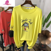 艳如飞前下摆开叉冰丝木代尔薄款欧美大版宽松t恤女短袖圆领时尚上衣潮T恤