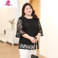 艳如飞大码蕾丝衫女士宽松遮肚子七分袖上衣中年胖妈妈mm200斤肥婆夏装大码女装