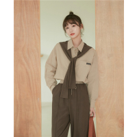 艳如飞春装阔腿裤套装女披肩衬衫洋气高腰休闲裤子三件套套装