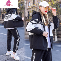 艳如飞韩版宽松学生炸街运动套装女春秋时尚大码潮连帽休闲两件套跑步服休闲运动套装