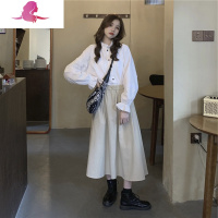 艳如飞可盐可甜炸街套装法式复古灯笼袖立领白衬衫高腰半身裙两件套春套装