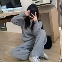 艳如飞甜辣学院风可盐可甜套装女连帽针织开衫+高腰阔腿裤两件套小个子套装