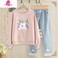 艳如飞初中学生甜美少女圆领卫衣套装高中生长袖休闲棉两件套春装时尚套装