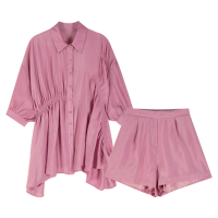 艳如飞春夏轻奢气质女范套装女减龄休闲时尚雪纺衬衫阔腿短裤两件套潮套装