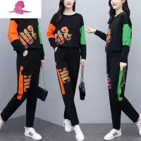 艳如飞大码女装洋气减龄撞色长袖运动套装春秋新款胖妹妹显瘦时尚两件套休闲运动套装