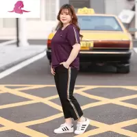 艳如飞大码运动套装女夏短袖宽松九分裤胖mm中年胖妈妈休闲两件套特肥斤休闲运动套装