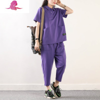 艳如飞皇森夏季新款休闲运动套装女宽松显瘦棉时尚纽扣短袖T恤两件套休闲运动套装