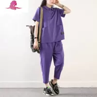 艳如飞皇森夏季新款休闲运动套装女宽松显瘦棉时尚纽扣短袖T恤两件套休闲运动套装