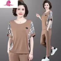 艳如飞中年妈妈夏装格子短袖女洋气上衣潮中老年运动套装女40岁50两件套休闲运动套装