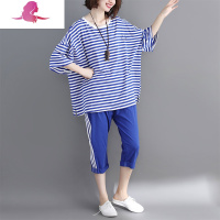 艳如飞休闲运动套装女显瘦夏装大码宽松200斤短袖t恤+七分裤条纹两件套休闲运动套装