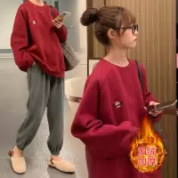 艳如飞运动套装女秋冬加绒加厚韩版宽松冬季时尚红色卫衣休闲服两件套休闲运动套装