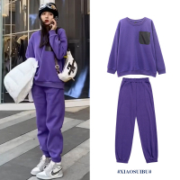 艳如飞高端时尚百搭休闲运动套装女撞色无帽卫衣松紧腰束脚卫裤两件套冬休闲运动套装
