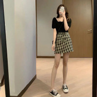 艳如飞格子半身裙套装小个子洋气时尚气质一字肩上衣包臀短裙两件套女夏套装
