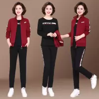 艳如飞妈妈春装运动套装女春秋三件套中老年人女装长袖黑色外套大码宽松休闲运动套装