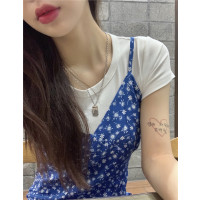 艳如飞时尚洋气套装女气质开叉吊带碎花连衣裙夏季百搭短袖T恤两件套潮套装