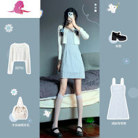 艳如飞春季新款韩风chic穿搭可甜可盐森系小个子显高吊带连衣裙套装女夏套装