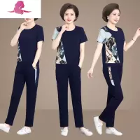 艳如飞妈妈夏装短袖T恤中年40岁50洋气两件套中老年宽松大码运动套装女休闲运动套装