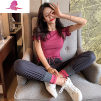 艳如飞休闲运动套装女夏季时尚洋气减龄显瘦气质韩版棉裤子网红两件套休闲运动套装