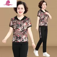 艳如飞中年女夏装洋气两件套时尚花色中老年短袖t恤40岁50妈妈运动套装休闲运动套装