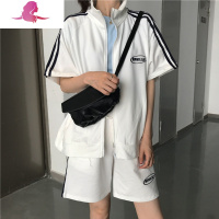 艳如飞港风休闲运动套装女短袖2020新款韩版学生洋气拉链开衫短裤两件套休闲运动套装