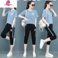 艳如飞运动套装女夏大码胖妹妹显瘦七分裤棉短袖两件套宽松遮肚休闲服休闲运动套装