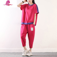 艳如飞皇森夏季棉条纹休闲运动套装女韩版宽松短袖圆领T恤中裤两件套休闲运动套装