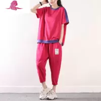 艳如飞皇森夏季棉条纹休闲运动套装女韩版宽松短袖圆领T恤中裤两件套休闲运动套装