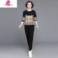 艳如飞妈妈运动套装中年女春装格子拼接上衣中老年女装减龄显瘦两件套装休闲运动套装
