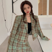 艳如飞春装新款港味复古宽松格子西装外套+气质高腰显瘦半身裙两件套装套装