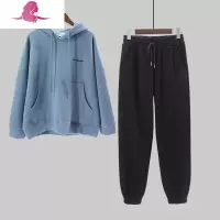 艳如飞时尚撞色加绒休闲运动套装女秋冬减龄洋气宽松显瘦加厚卫衣两件套休闲运动套装